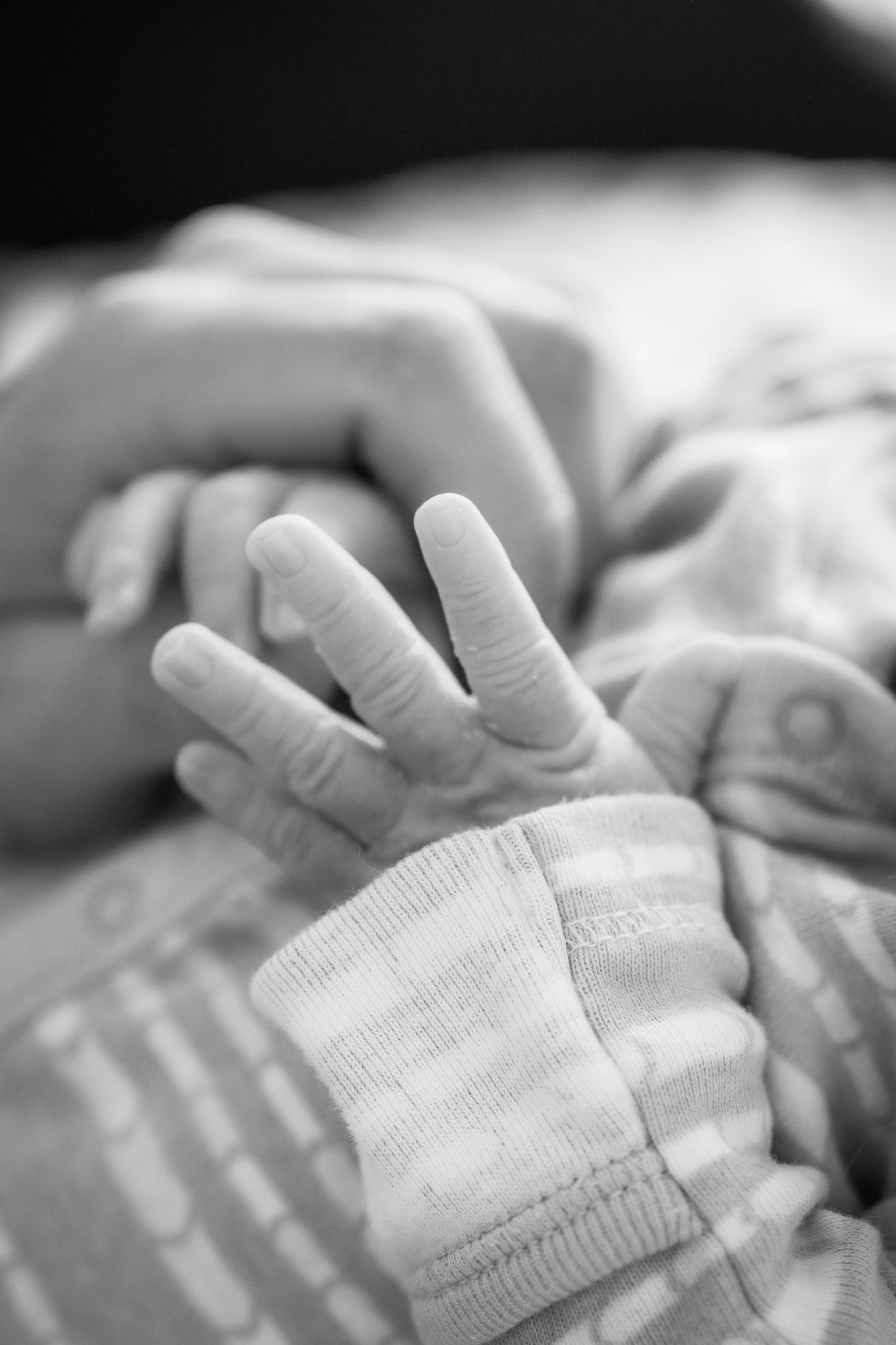 En noir et blanc, la main d'un nouveau-né refermée dans celle d'un adulte
